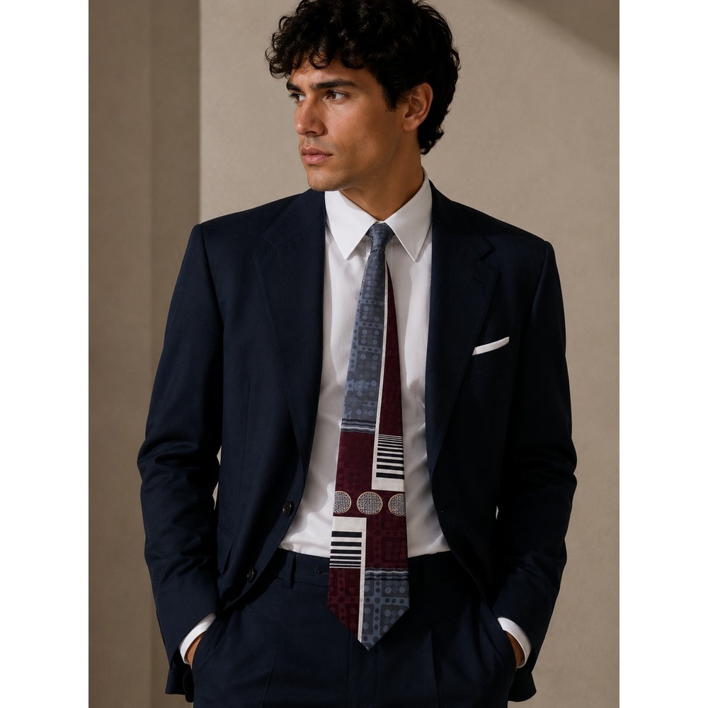 Oscar de la Renta Vintage Silk Tie Burgundy Blue Geometric Patchwork Abstract